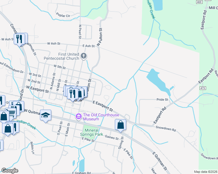 map of restaurants, bars, coffee shops, grocery stores, and more near 308 Pickwick Circle in Iuka