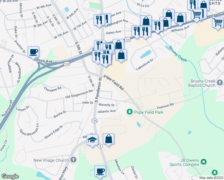 map of restaurants, bars, coffee shops, grocery stores, and more near 111 Esther Drive in Easley