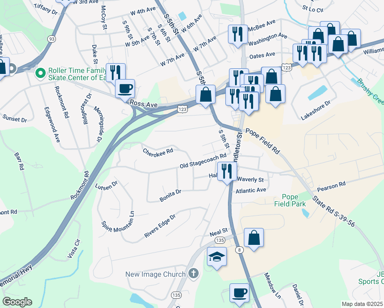 map of restaurants, bars, coffee shops, grocery stores, and more near 104 Cherokee Road in Easley