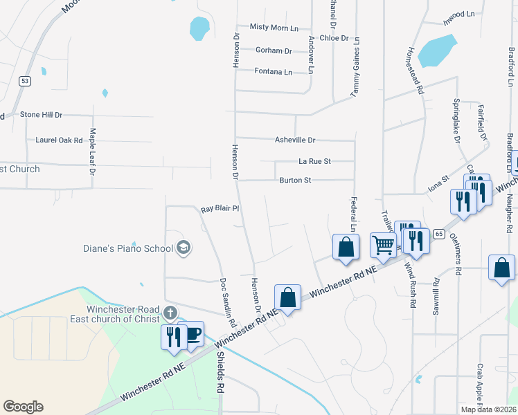 map of restaurants, bars, coffee shops, grocery stores, and more near 108 Burton Street in Huntsville