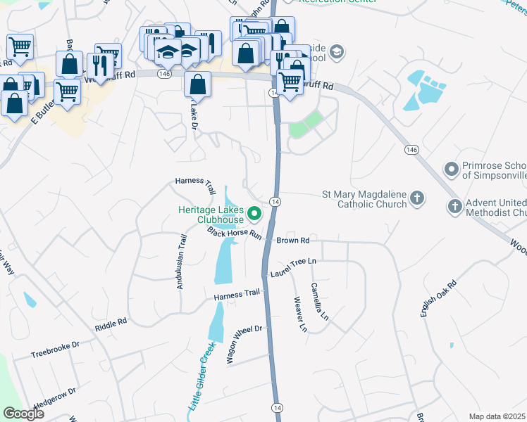 map of restaurants, bars, coffee shops, grocery stores, and more near 2 Forest Lake Drive in Simpsonville