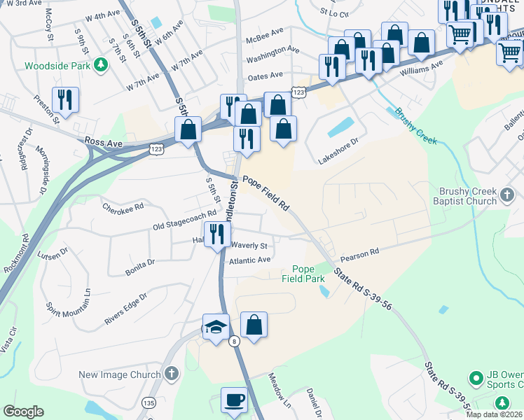 map of restaurants, bars, coffee shops, grocery stores, and more near 107 Esther Drive in Easley