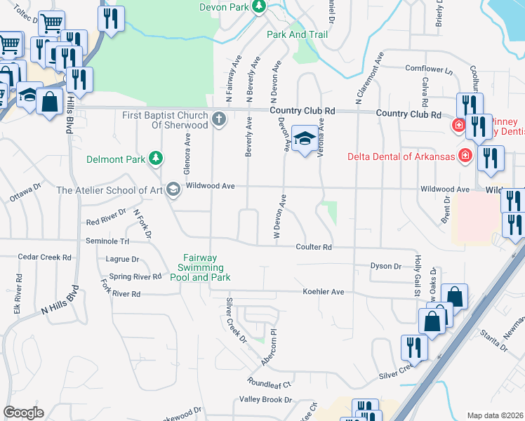 map of restaurants, bars, coffee shops, grocery stores, and more near 512 Beverly Avenue in Sherwood