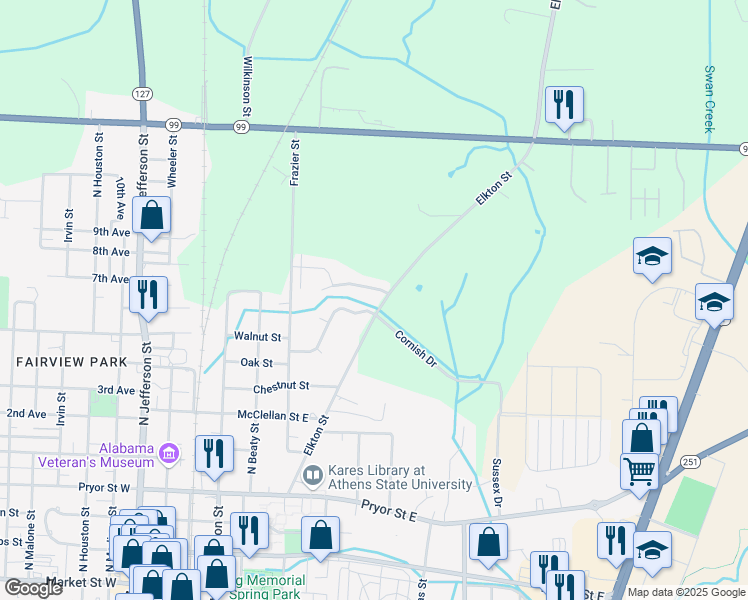 map of restaurants, bars, coffee shops, grocery stores, and more near 427 Skyview Drive in Athens