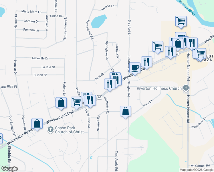 map of restaurants, bars, coffee shops, grocery stores, and more near 1911 Winchester Road Northeast in Huntsville