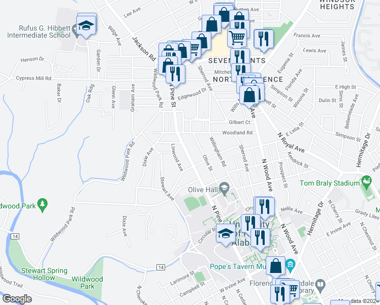 map of restaurants, bars, coffee shops, grocery stores, and more near 1022 North Pine Street in Florence
