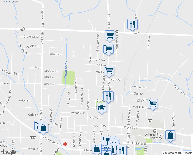 map of restaurants, bars, coffee shops, grocery stores, and more near 1003 North Houston Street in Athens