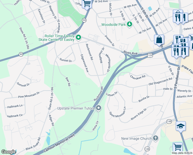 map of restaurants, bars, coffee shops, grocery stores, and more near 200 Rockmont Road in Easley