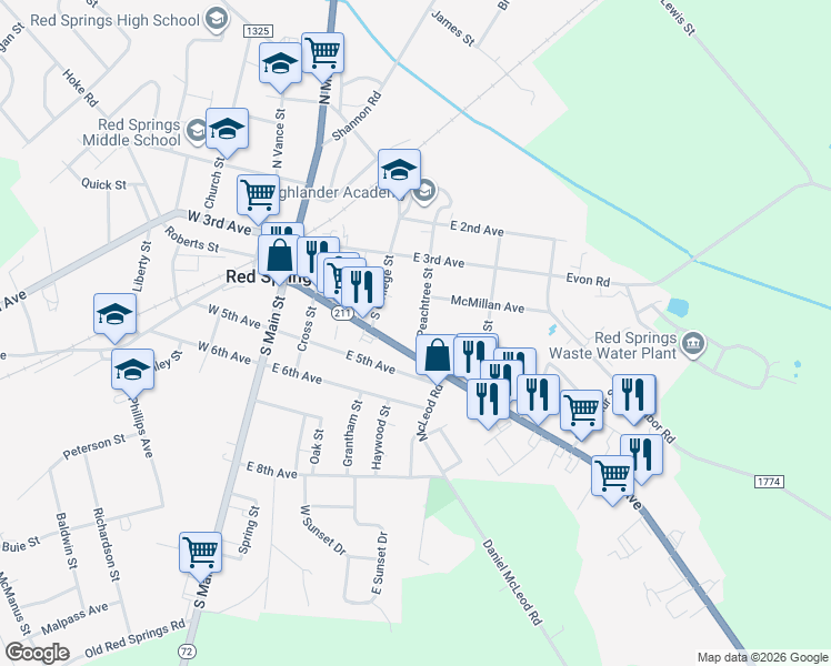 map of restaurants, bars, coffee shops, grocery stores, and more near 214 South Peachtree Street in Red Springs