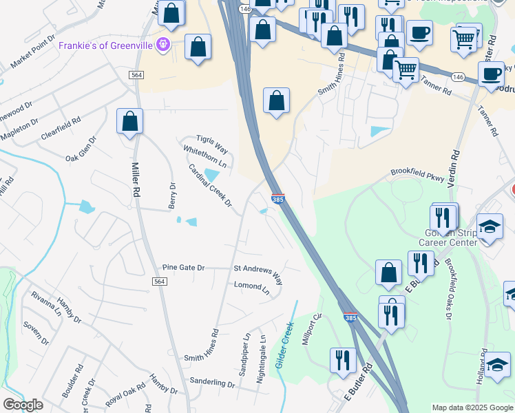map of restaurants, bars, coffee shops, grocery stores, and more near 313 Christiane Way in Greenville