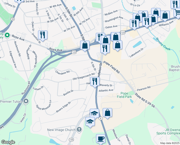 map of restaurants, bars, coffee shops, grocery stores, and more near 101 Southridge Court in Easley