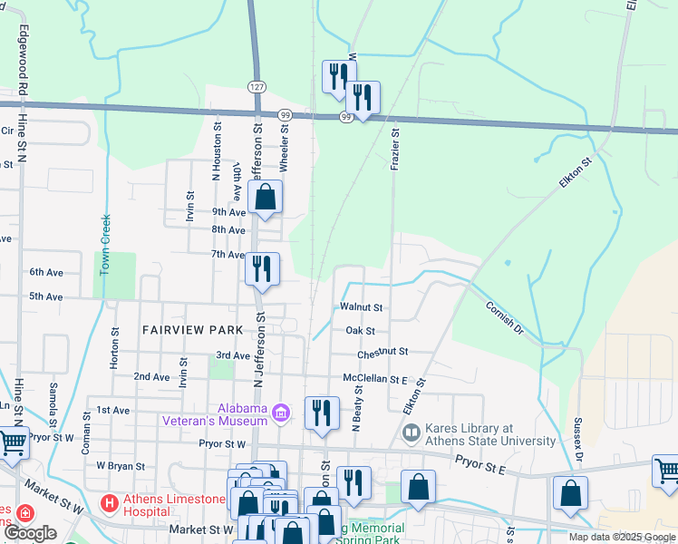 map of restaurants, bars, coffee shops, grocery stores, and more near 906 North Clinton Street in Athens