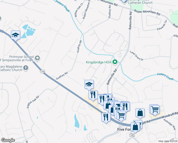 map of restaurants, bars, coffee shops, grocery stores, and more near 203 Somerset Forest Lane in Simpsonville
