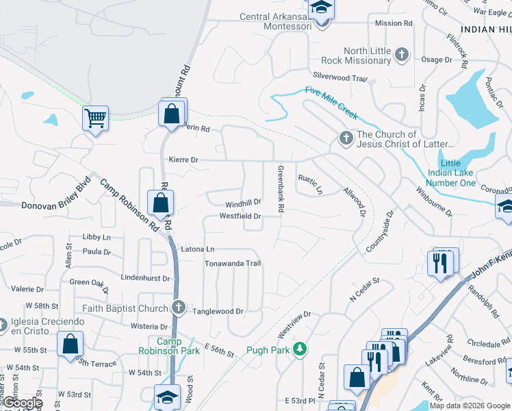map of restaurants, bars, coffee shops, grocery stores, and more near 508 Windhill Drive in North Little Rock