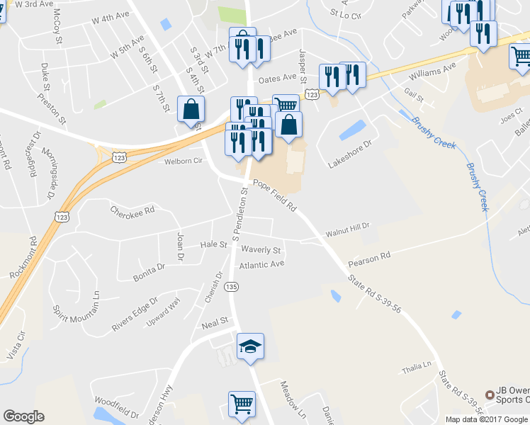 map of restaurants, bars, coffee shops, grocery stores, and more near 107 Esther Drive in Easley