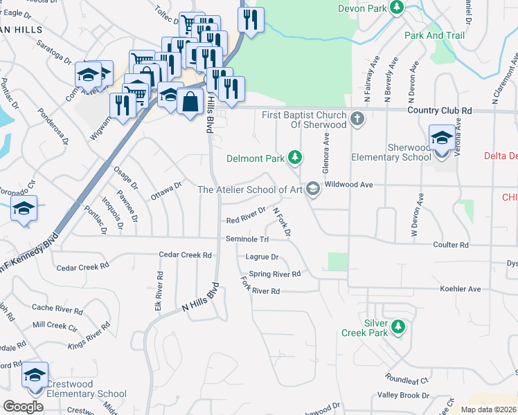 map of restaurants, bars, coffee shops, grocery stores, and more near 117 Red River Dr in Sherwood