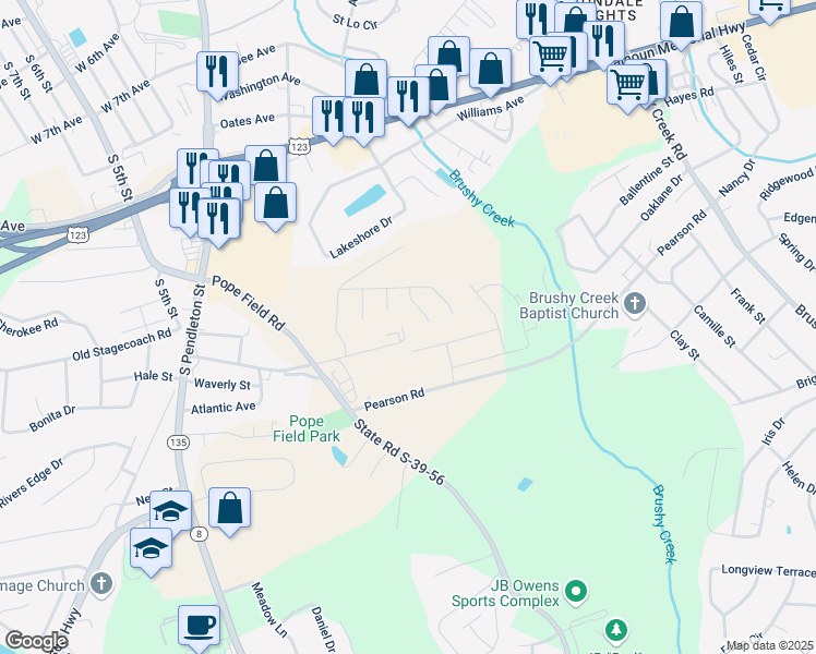 map of restaurants, bars, coffee shops, grocery stores, and more near 222 Walnut Hill Drive in Easley