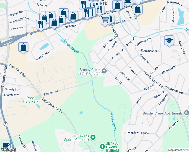 map of restaurants, bars, coffee shops, grocery stores, and more near 494 Pearson Road in Easley