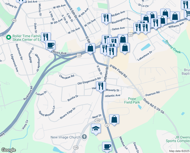 map of restaurants, bars, coffee shops, grocery stores, and more near 101 Southridge Court in Easley