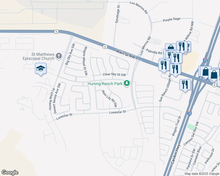 map of restaurants, bars, coffee shops, grocery stores, and more near 3040 Desert Sage Avenue Southwest in Los Lunas