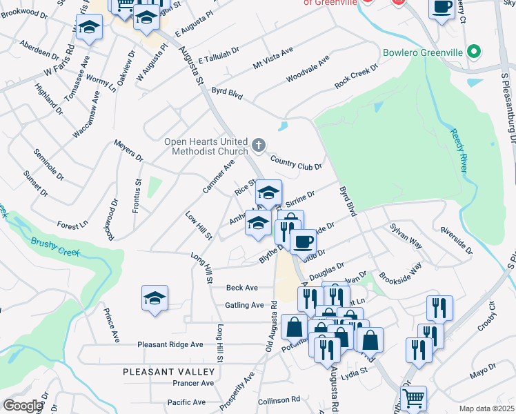 map of restaurants, bars, coffee shops, grocery stores, and more near 12a Amherst Avenue in Greenville