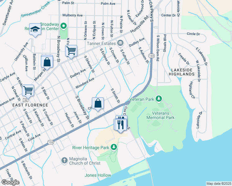 map of restaurants, bars, coffee shops, grocery stores, and more near 335 South Smith Street in Florence