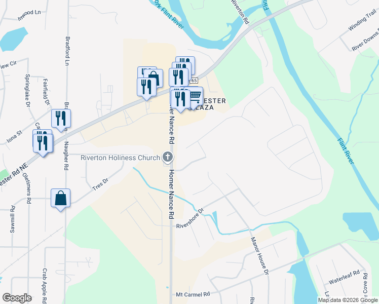 map of restaurants, bars, coffee shops, grocery stores, and more near 104 Bridge Arbor Lane in Huntsville