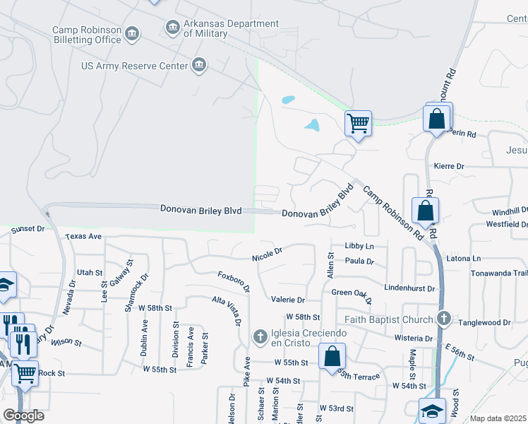map of restaurants, bars, coffee shops, grocery stores, and more near 502-524 Donovan Briley Boulevard in North Little Rock