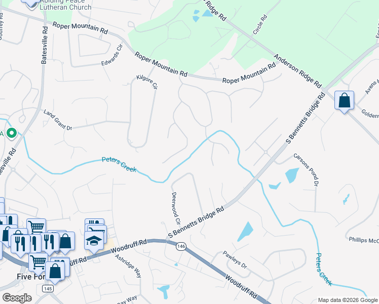 map of restaurants, bars, coffee shops, grocery stores, and more near 121 Ramsford Lane in Simpsonville