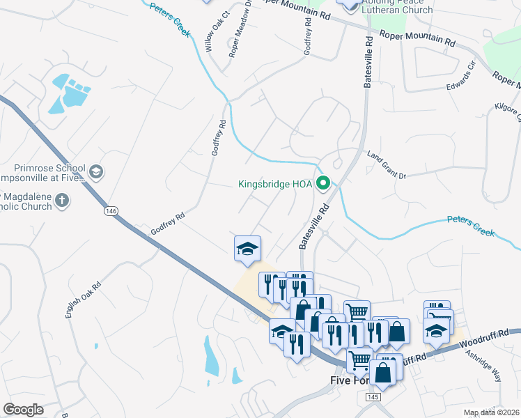 map of restaurants, bars, coffee shops, grocery stores, and more near 203 Somerset Forest Lane in Simpsonville