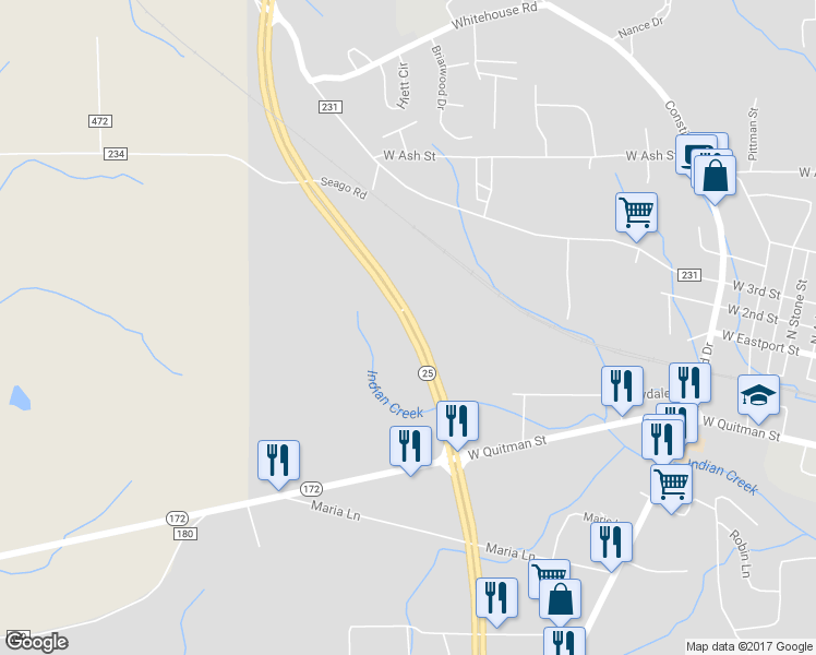 map of restaurants, bars, coffee shops, grocery stores, and more near Veterans Memorial Drive in Iuka