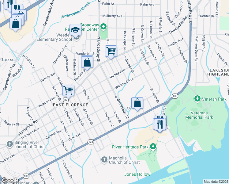 map of restaurants, bars, coffee shops, grocery stores, and more near South Broadway Street in Florence