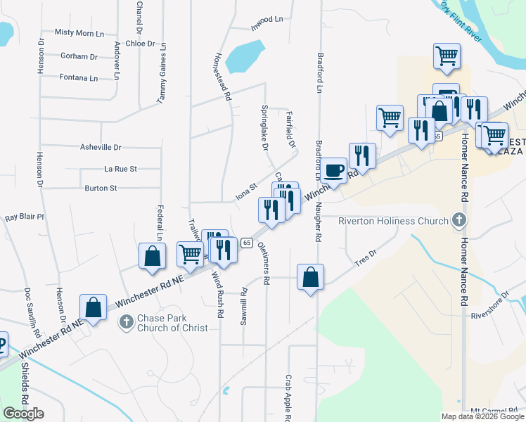 map of restaurants, bars, coffee shops, grocery stores, and more near 1911 Winchester Road Northeast in Huntsville