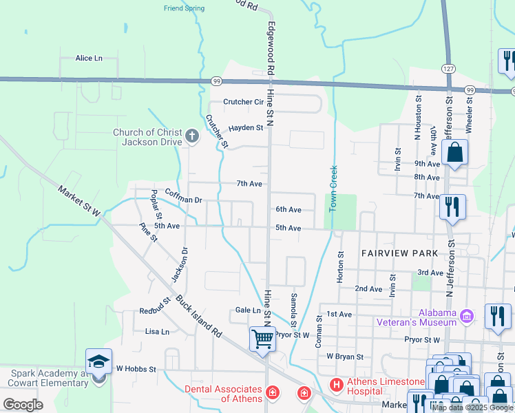 map of restaurants, bars, coffee shops, grocery stores, and more near 1003 Hine Street North in Athens