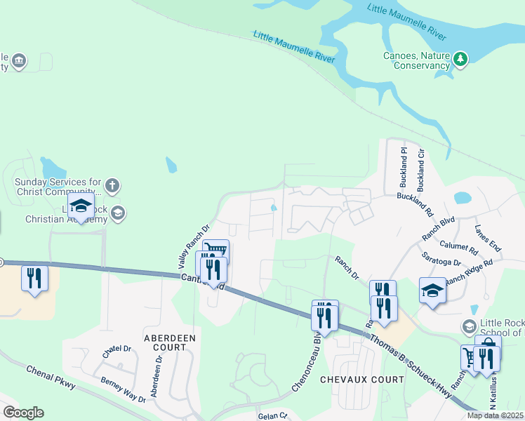 map of restaurants, bars, coffee shops, grocery stores, and more near 8 Landry Lane in Little Rock