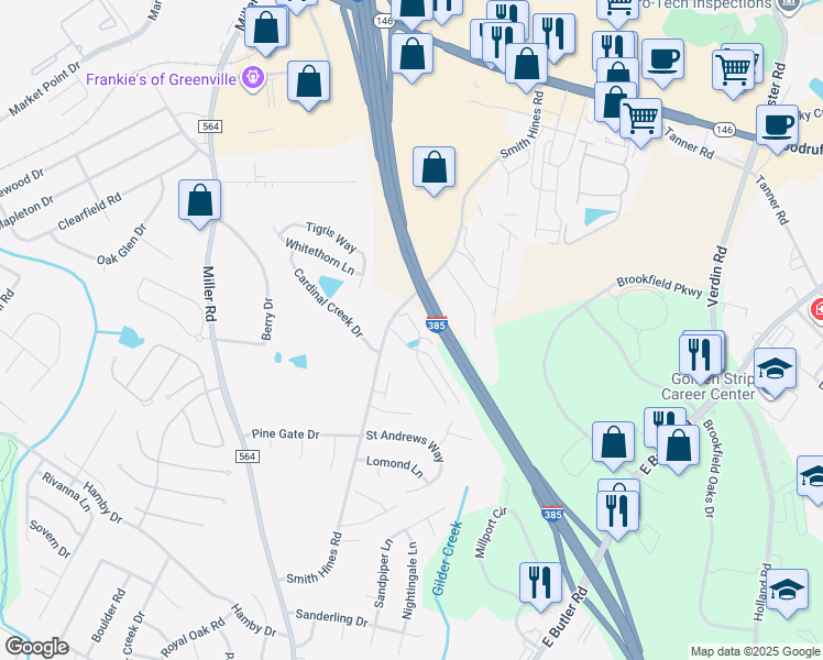 map of restaurants, bars, coffee shops, grocery stores, and more near 19 Fairchild Way in Greenville