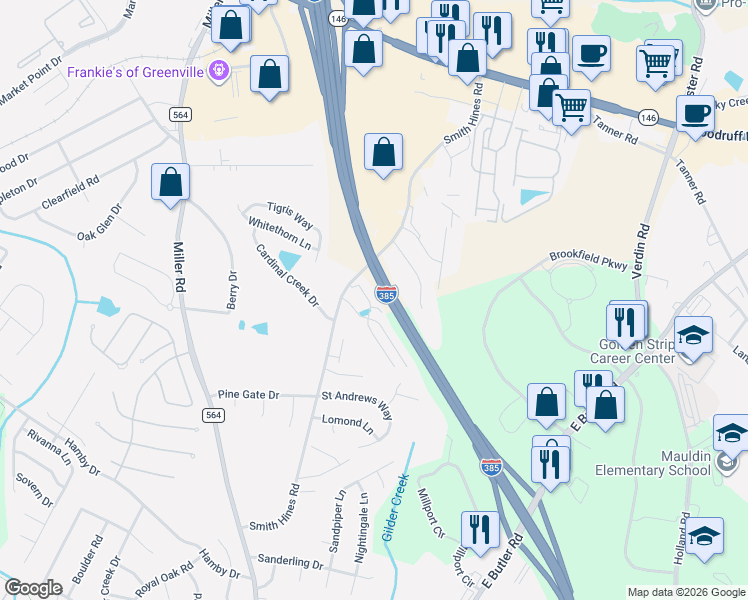 map of restaurants, bars, coffee shops, grocery stores, and more near 19 Fairchild Way in Greenville