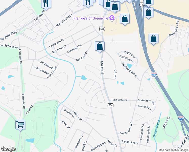 map of restaurants, bars, coffee shops, grocery stores, and more near 1127 Miller Road in Greenville