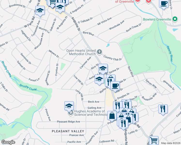 map of restaurants, bars, coffee shops, grocery stores, and more near 8 Tyler Street in Greenville