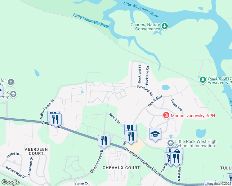 map of restaurants, bars, coffee shops, grocery stores, and more near 6 Michelle Lane in Little Rock