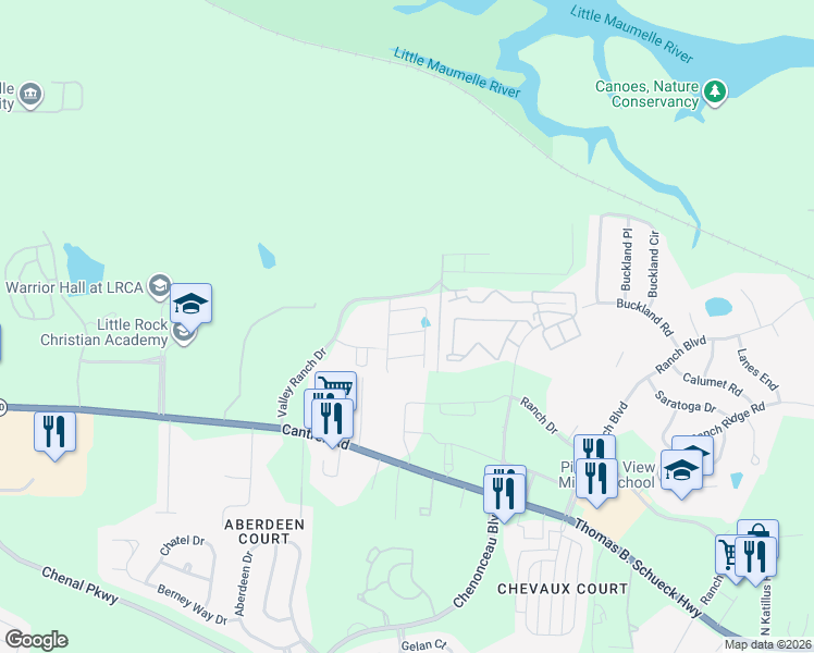 map of restaurants, bars, coffee shops, grocery stores, and more near 8 Landry Lane in Little Rock