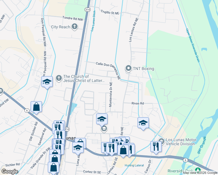 map of restaurants, bars, coffee shops, grocery stores, and more near 837 Montevista Drive Northeast in Los Lunas
