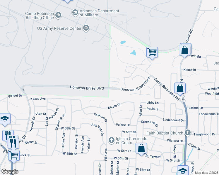 map of restaurants, bars, coffee shops, grocery stores, and more near 502 Donovan Briley Boulevard in North Little Rock