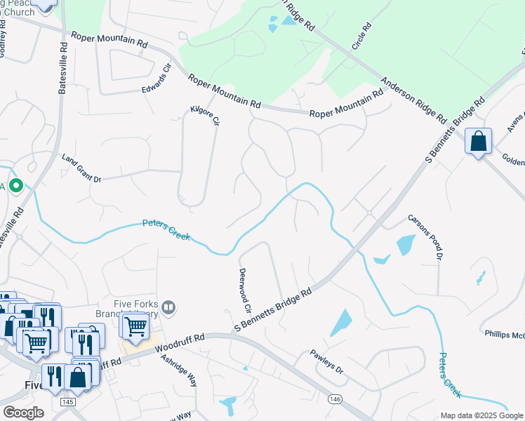 map of restaurants, bars, coffee shops, grocery stores, and more near 121 Ramsford Lane in Simpsonville