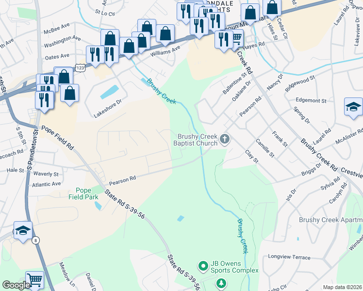 map of restaurants, bars, coffee shops, grocery stores, and more near 494 Pearson Road in Easley