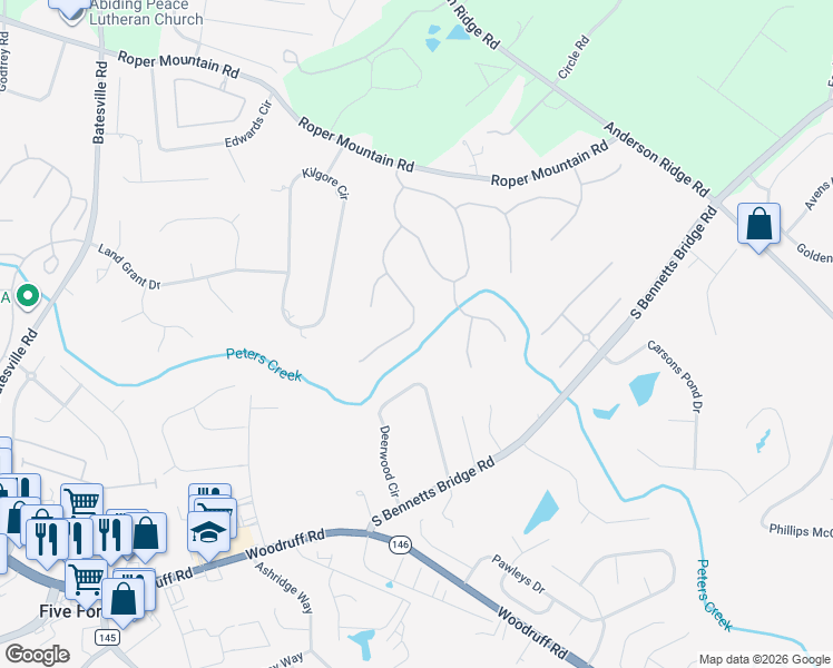 map of restaurants, bars, coffee shops, grocery stores, and more near 121 Ramsford Lane in Simpsonville