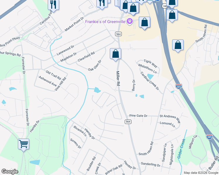 map of restaurants, bars, coffee shops, grocery stores, and more near 1127 Miller Road in Greenville