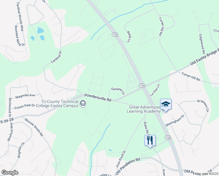 map of restaurants, bars, coffee shops, grocery stores, and more near 112 Garland Circle in Easley