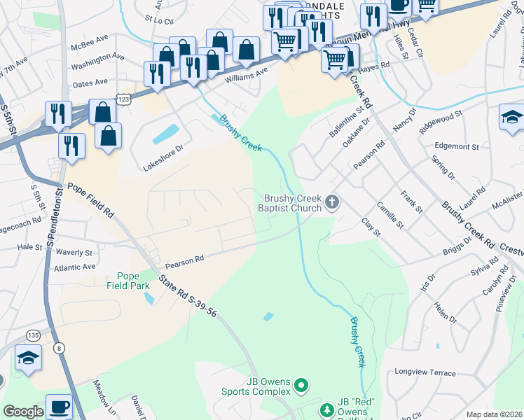 map of restaurants, bars, coffee shops, grocery stores, and more near 494 Pearson Road in Easley