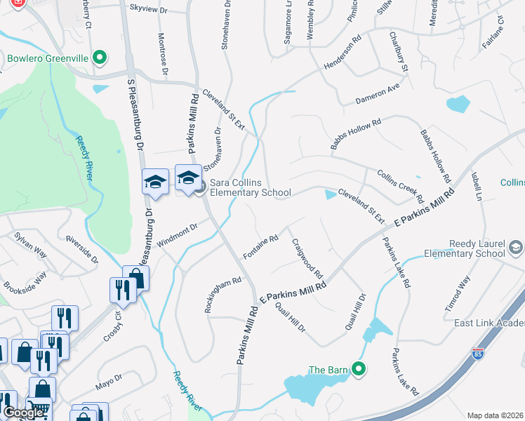 map of restaurants, bars, coffee shops, grocery stores, and more near 16 Seabrook Court in Greenville
